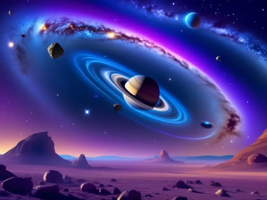 Recuperación de materiales en el espacio: Cosmos, galaxia espiral, asteroides, nave espacial, recursos celestiales