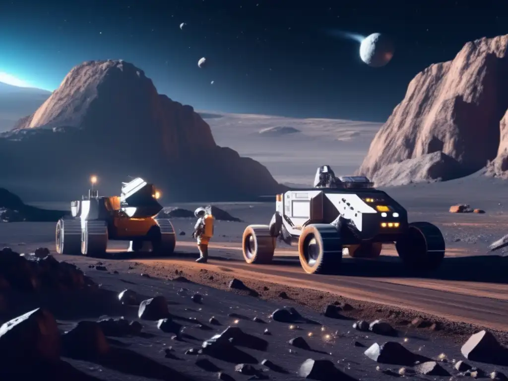 Explotación de recursos en asteroides: Futurista operación minera en un asteroide, con estructuras, maquinaria robótica y astronautas