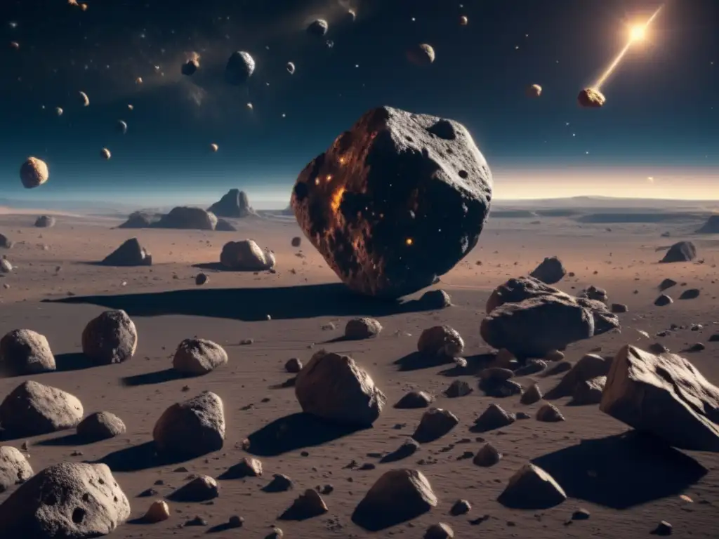Explotación de recursos de asteroides en imagen 8k: Asteroides de colores vibrantes flotan en el espacio, ofreciendo minerales valiosos y agua