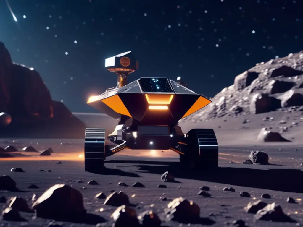 Explotación de recursos en asteroides: Imagen detallada de una operación minera futurista en un asteroide, con una nave espacial equipada con brazos robóticos y tecnología avanzada