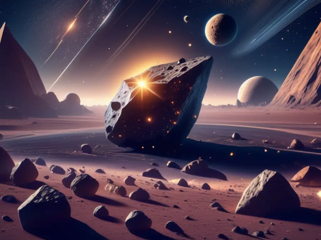 Recursos de asteroides en el siglo XXI: imagen impresionante de espacio lleno de asteroides, con asteroide metálico colosal y patrones geométricos
