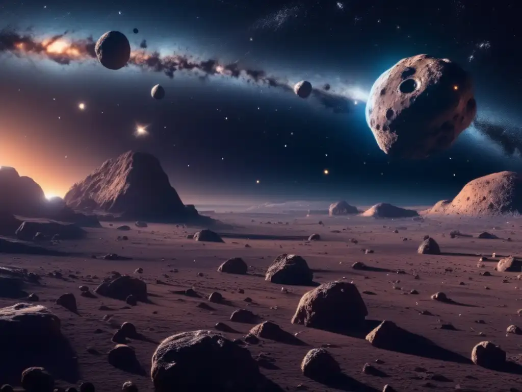 Exploración y recursos de asteroides: vista impresionante 8k del espacio, asteroides, luz etérea, colores vibrantes