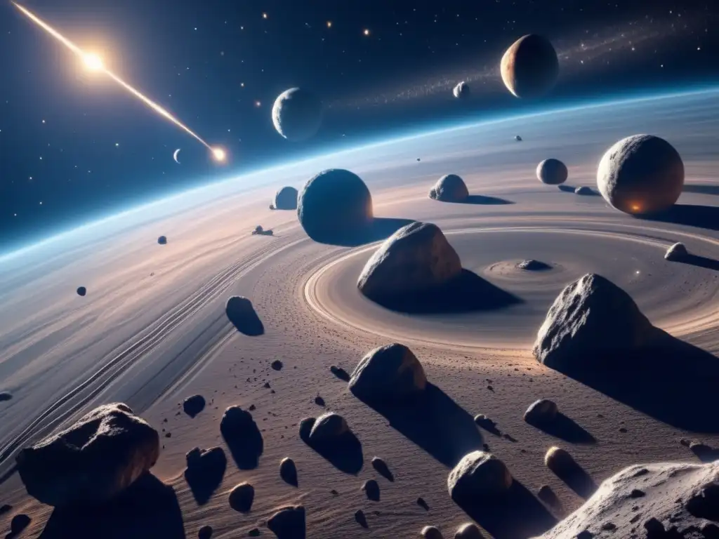 Recursos cósmicos y economía global: Asteroides en órbita celeste, con variadas formas, tamaños y composiciones
