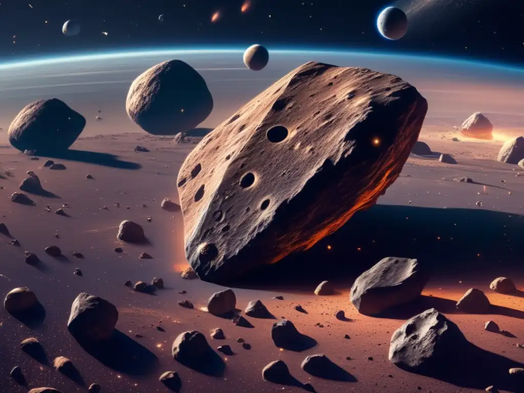 Exploración ética de recursos espaciales: Imagen deslumbrante 8k muestra asteroides y belleza de la exploración espacial