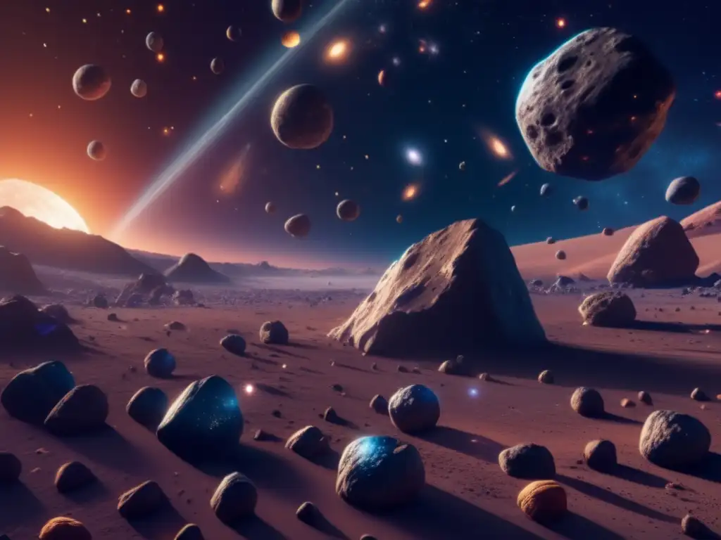 Recursos minerales en asteroides: campo de asteroides en espacio, con colores y formas únicas, acompañado de un fondo cósmico deslumbrante