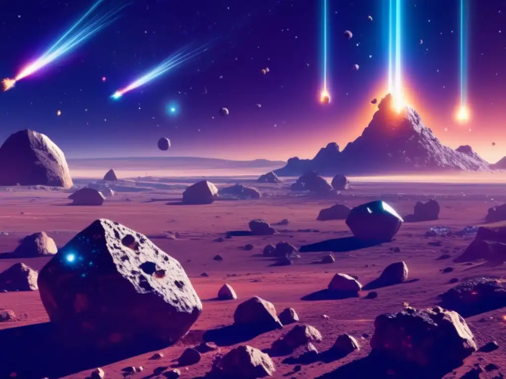 Recursos minerales en asteroides: escena espacial con variedad de asteroides y nave minera futurista