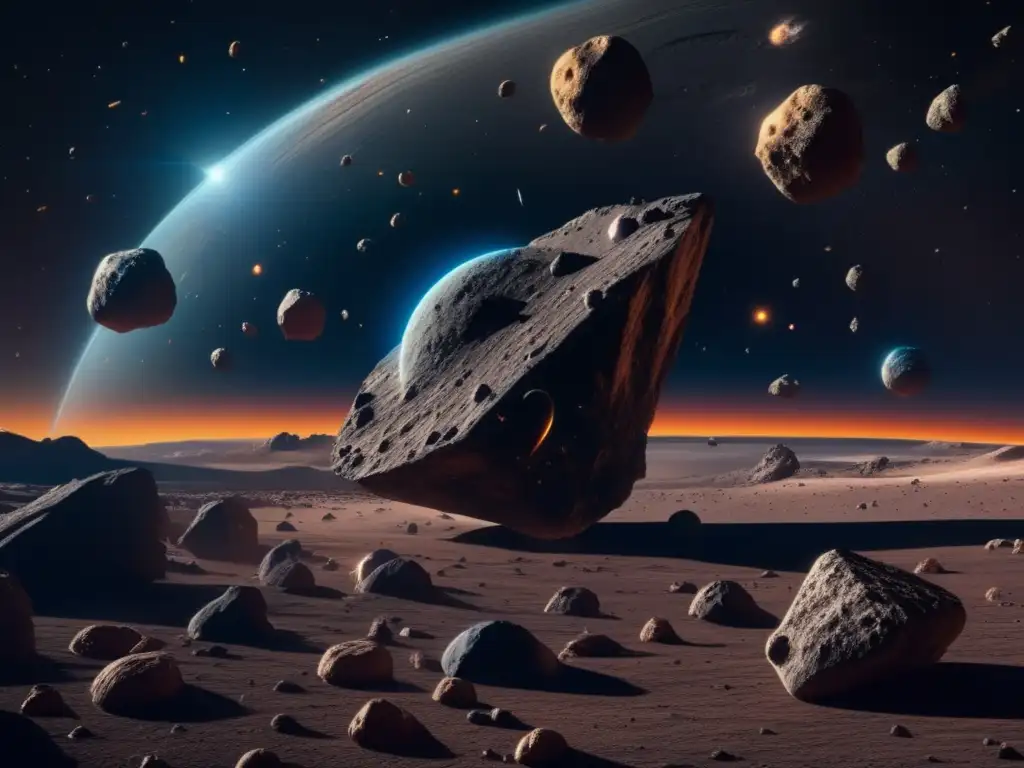 Recursos minerales en asteroides: una fascinante imagen 8K de espacio con asteroides flotando en primer plano