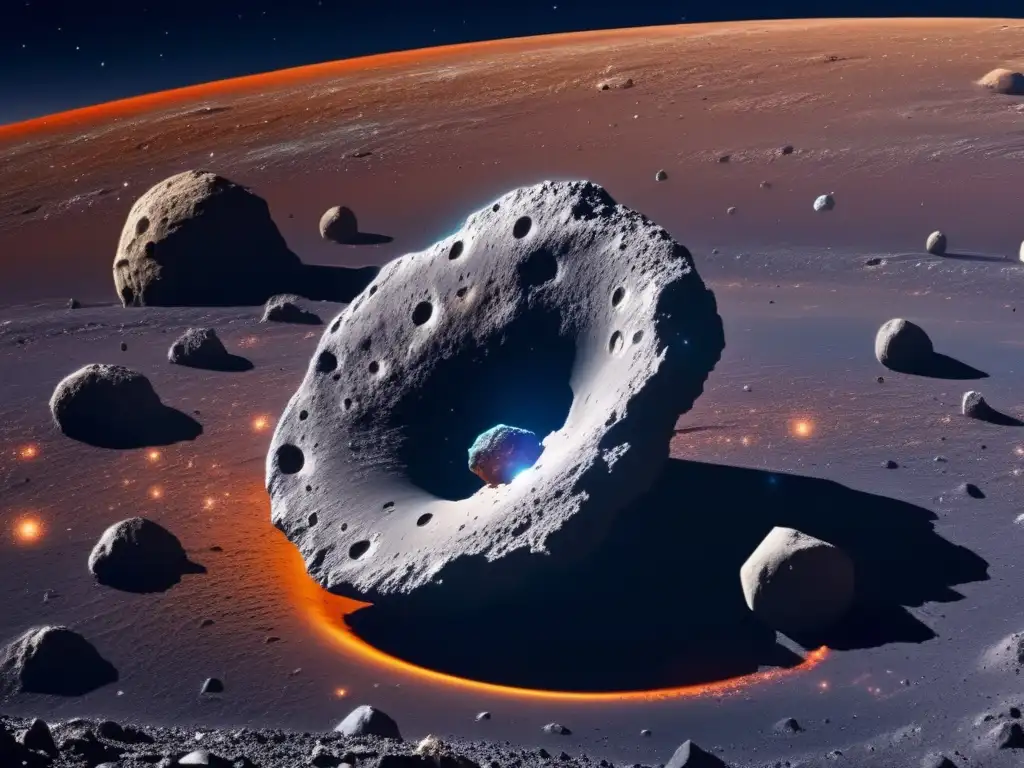 Recursos minerales en asteroides: fascinante imagen del espacio estelar, con un asteroide multicolor y una nave minera futurista
