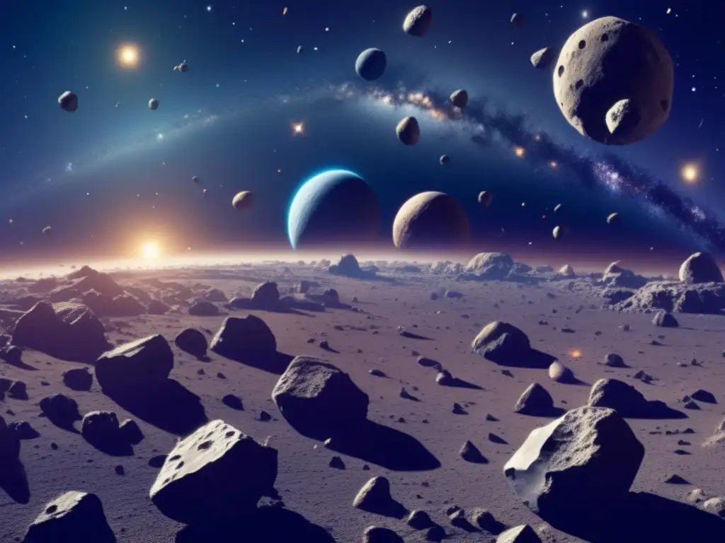 Recursos minerales en asteroides: imagen detallada de un campo de asteroides en el espacio, mostrando diversos tipos y características