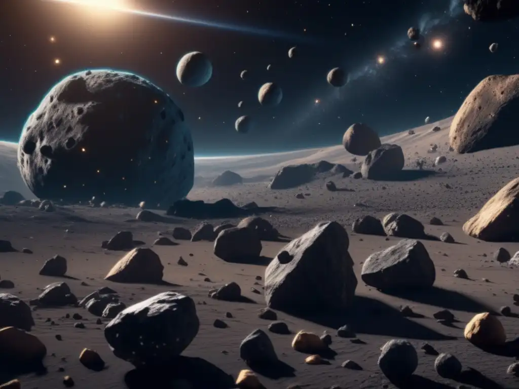 Recursos minerales en asteroides: impresionante imagen 8k de un vasto campo de asteroides en el espacio, con detalles intrincados y colores vibrantes