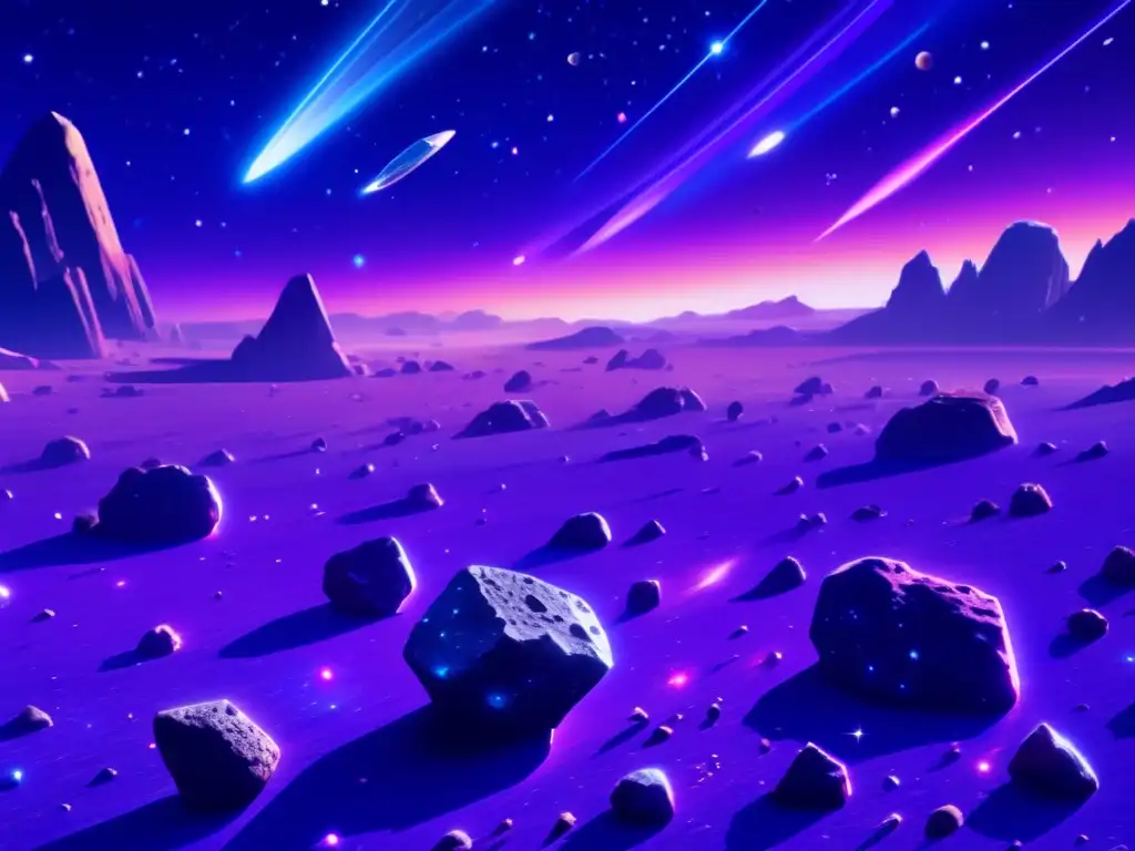 Recursos minerales en asteroides: Impresionante imagen de un campo de asteroides en el espacio, con variedad de composiciones y colores