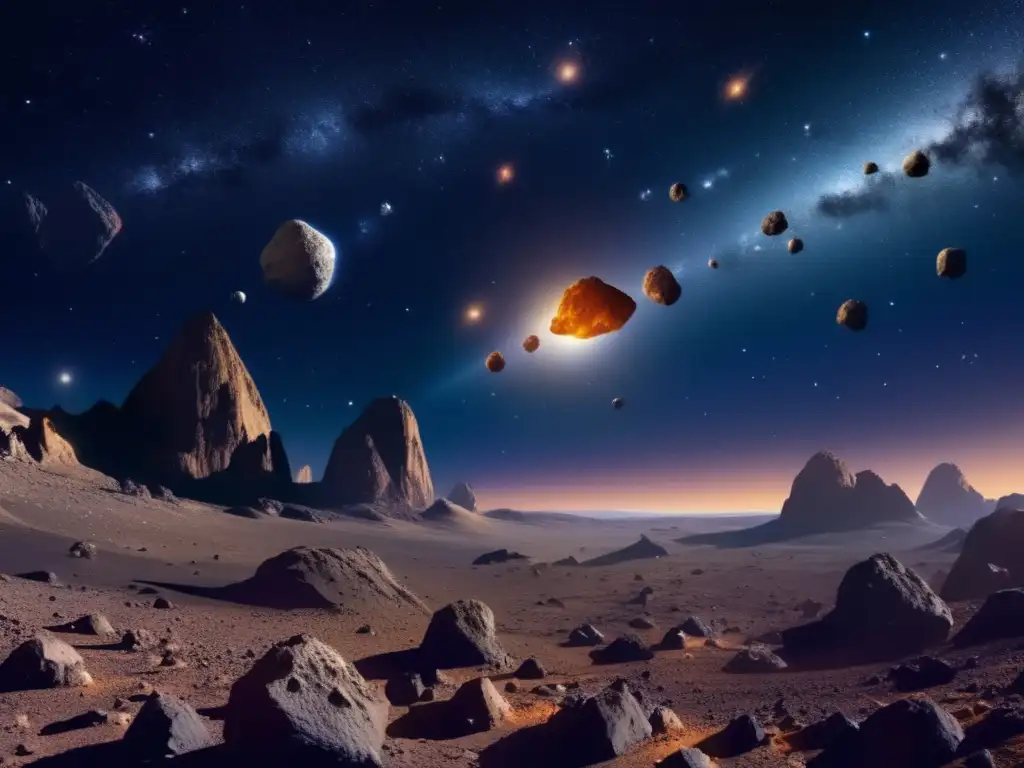Recursos minerales en asteroides: vista panorámica de impresionante belleza celeste con asteroides detallados en distintos tamaños, formas y colores