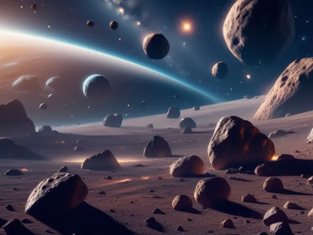 Relatos cortos sobre asteroides: Escena espacial con asteroides, nave minera y tecnología avanzada