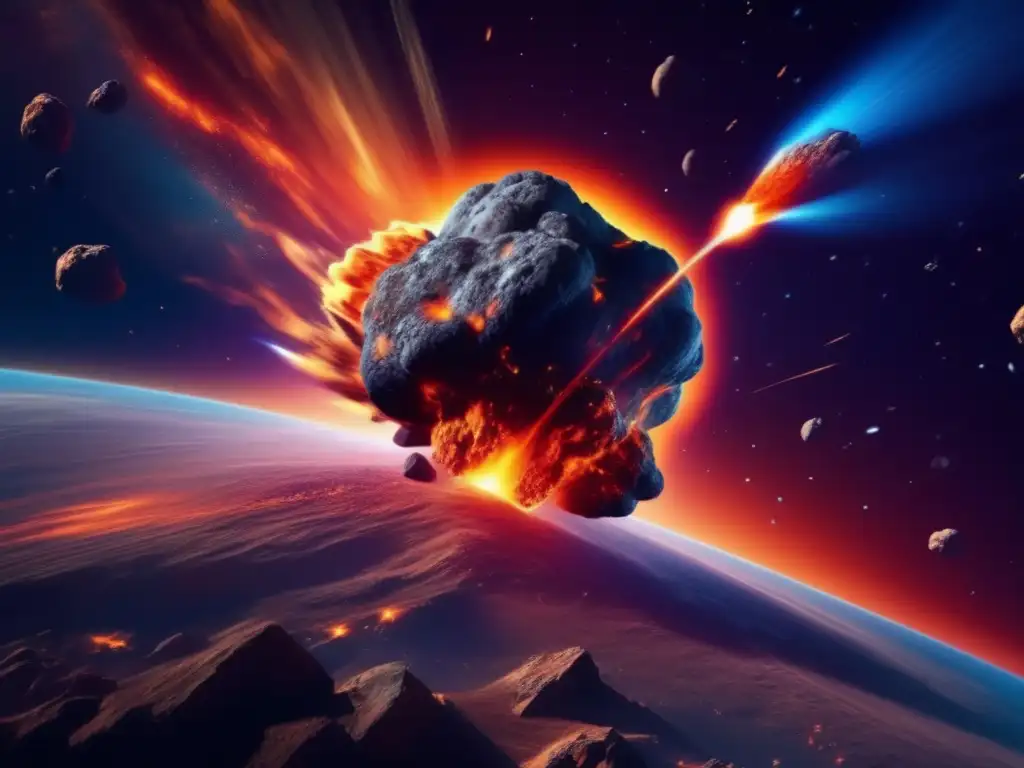 Composición química y relevancia asteroides: Impacto de un asteroide en la Tierra, iluminando el cielo nocturno con una estela de fuego