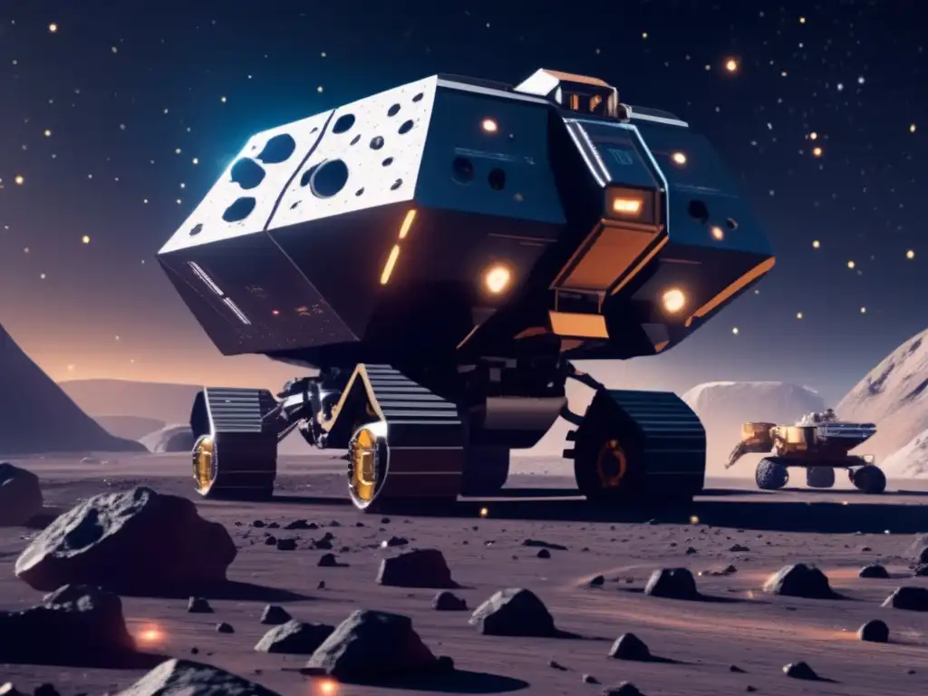Rentabilidad minería asteroides en escena futurista de extracción de recursos en un asteroide, con robots avanzados y belleza celestial