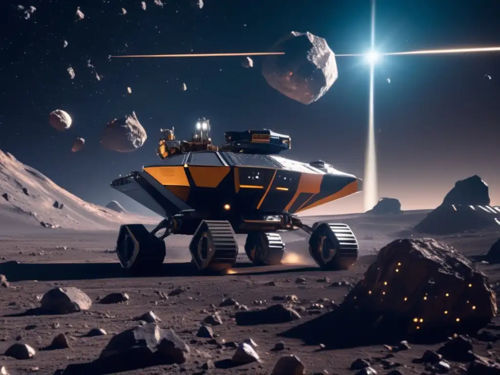 Rentabilidad minería asteroides futuro: Operación minera espacial en un campo de asteroides, con tecnología avanzada y oportunidades infinitas