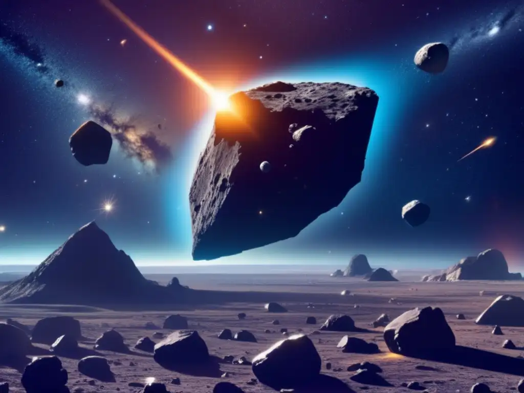 Resonancias que expulsan asteroides en un vasto espacio cósmico con un planeta y una vista impresionante de un campo de asteroides