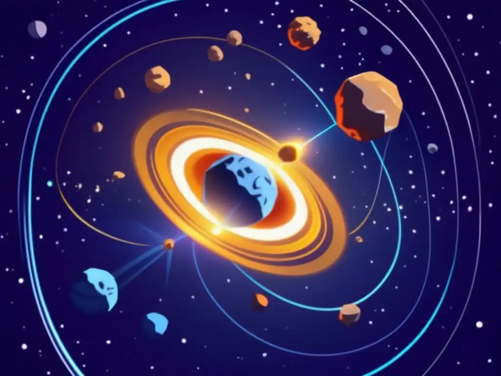 Resonancias en órbitas asteroides: Un grupo de asteroides danzantes en el espacio, mostrando sus órbitas entrelazadas y su impacto en la estabilidad