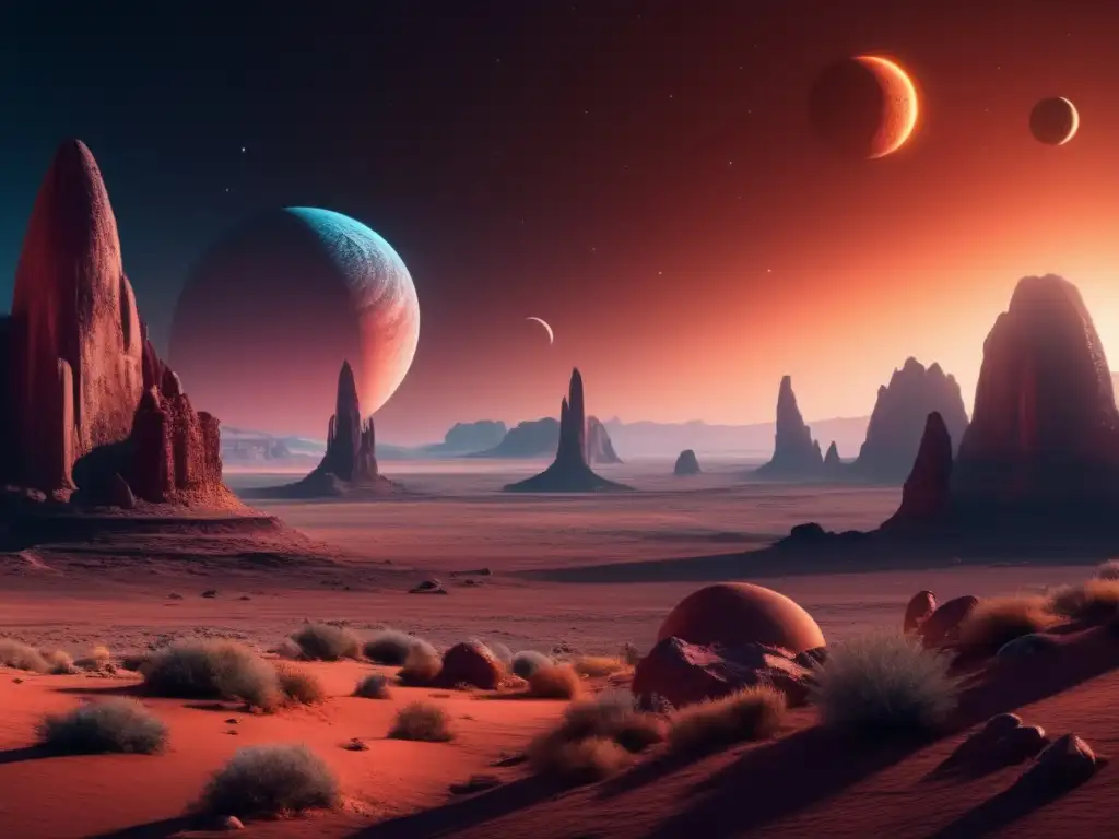 Retos legales explotación recursos extraterrestres: paisaje alienígena en 8k, con ciudad futurista y rocas imponentes