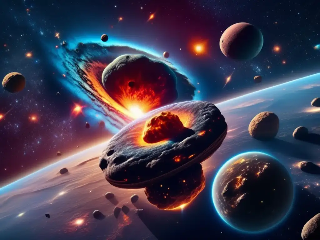 Riesgo colisiones cósmicas asteroides: imagen impactante de colisión cósmica en espacio profundo, con galaxias, nebulosas y asteroides en colisión