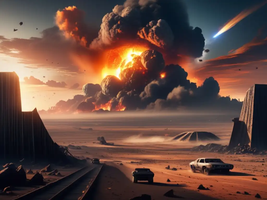 Riesgos asteroide tipo S impacto Tierra: escena desoladora de destrucción y caos tras impacto de asteroide, con ruinas, fuego y cielo ominoso