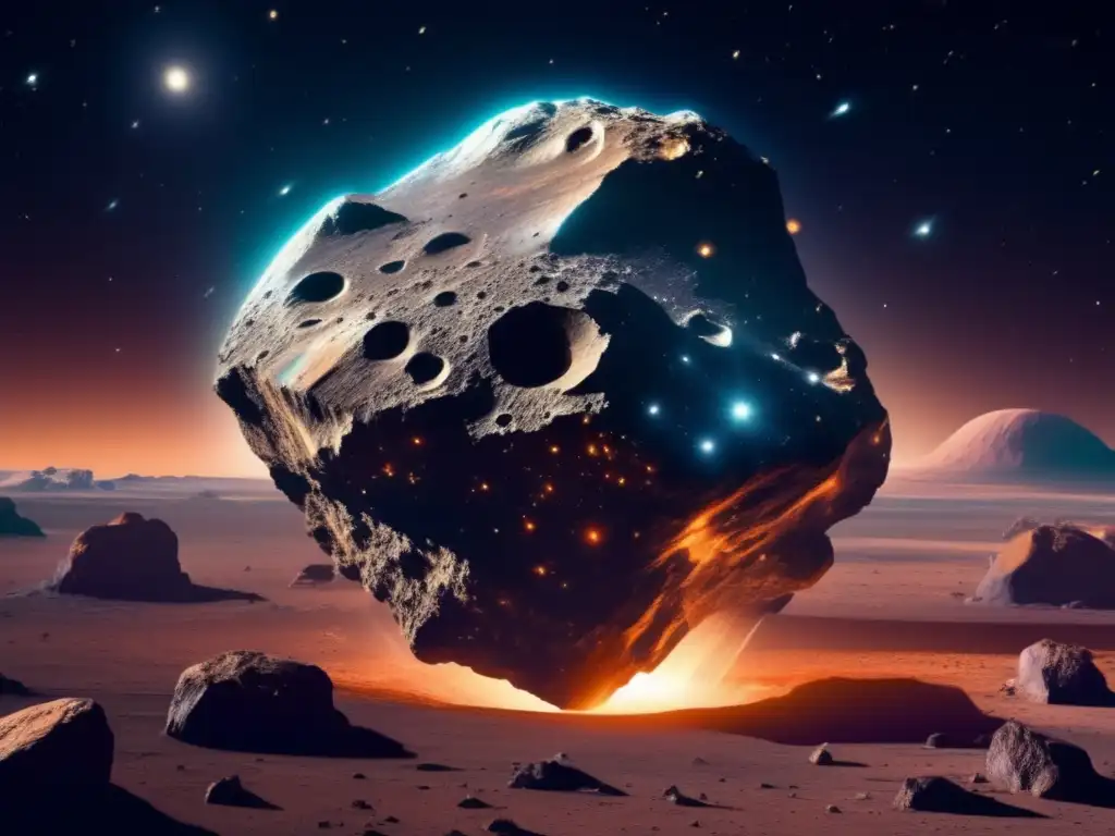 Riesgos de impacto de asteroides: Impresionante imagen de un asteroide masivo flotando en el espacio, con detalles intrincados en su superficie rugosa