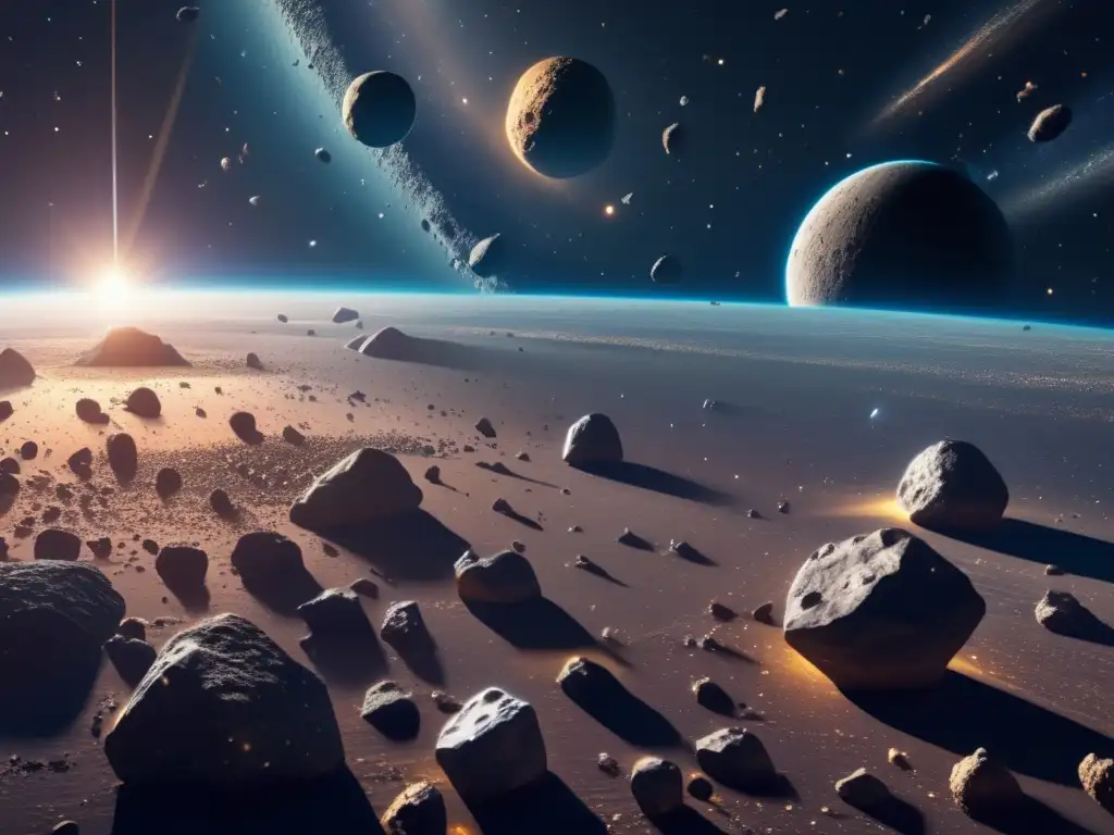 Riqueza oculta asteroides: Espectáculo visual de asteroides metálicos y rocosos en el espacio, reflejando la luz solar y revelando secretos cósmicos