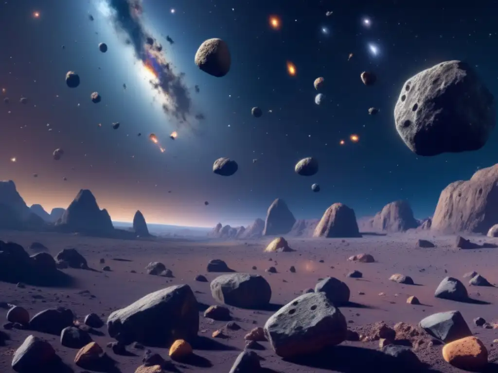 Riquezas celestiales: 8K imagen de campo de asteroides con formas variadas y colores vibrantes