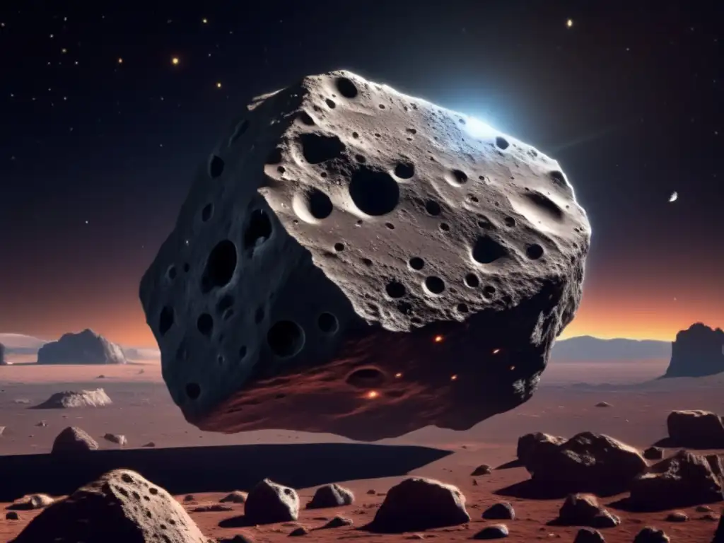 Robótica avanzada en terraformación asteroides: Imagen detallada de asteroide rocoso en el espacio, con maquinaria robótica modificando su superficie