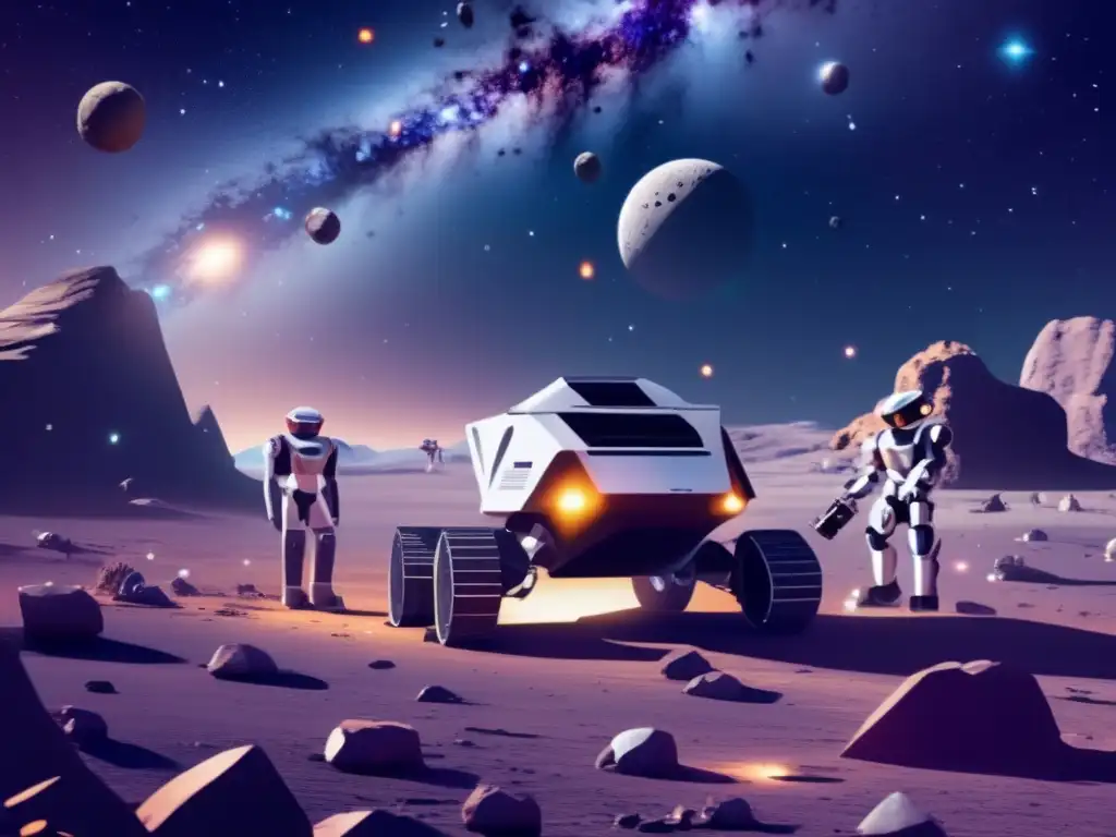 Robots autónomos exploración asteroides en un paisaje estelar infinito, con asteroides de formas y colores diversos, destacando su ambiente hostil