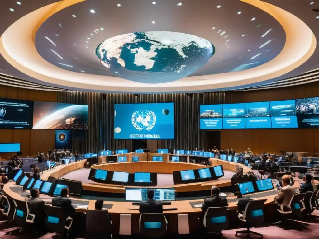 Sala de conferencias de la ONU, delegados discuten tratados internacionales sobre asteroides