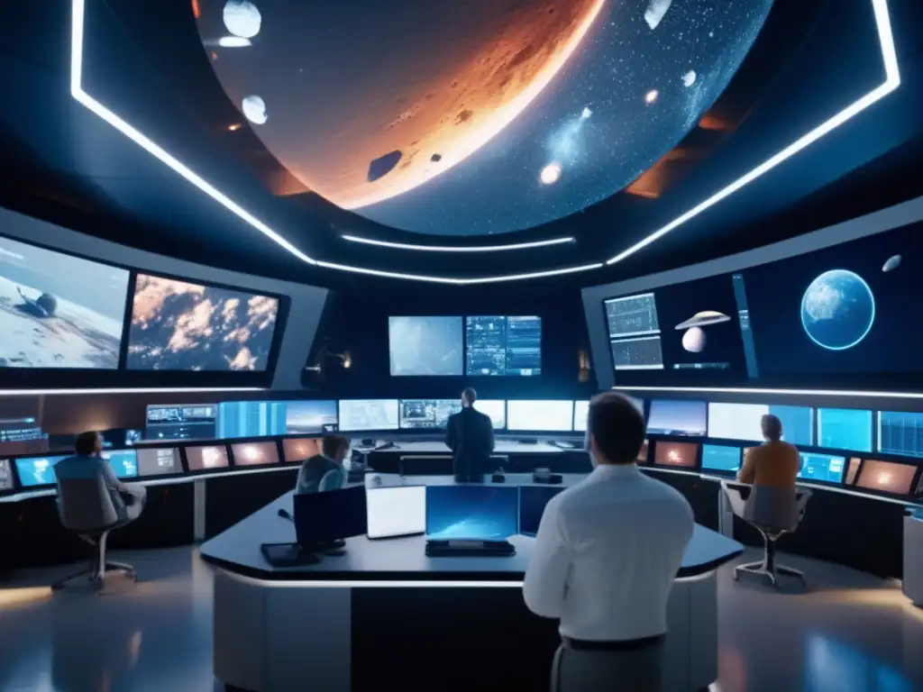 Sala de control espacial con científicos y ingenieros rastreando y monitorizando asteroides y objetos cercanos a la Tierra (NEOs)