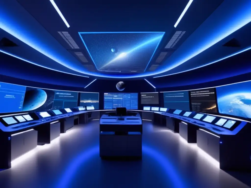 Sala de control futurista de monitoreo global de asteroides