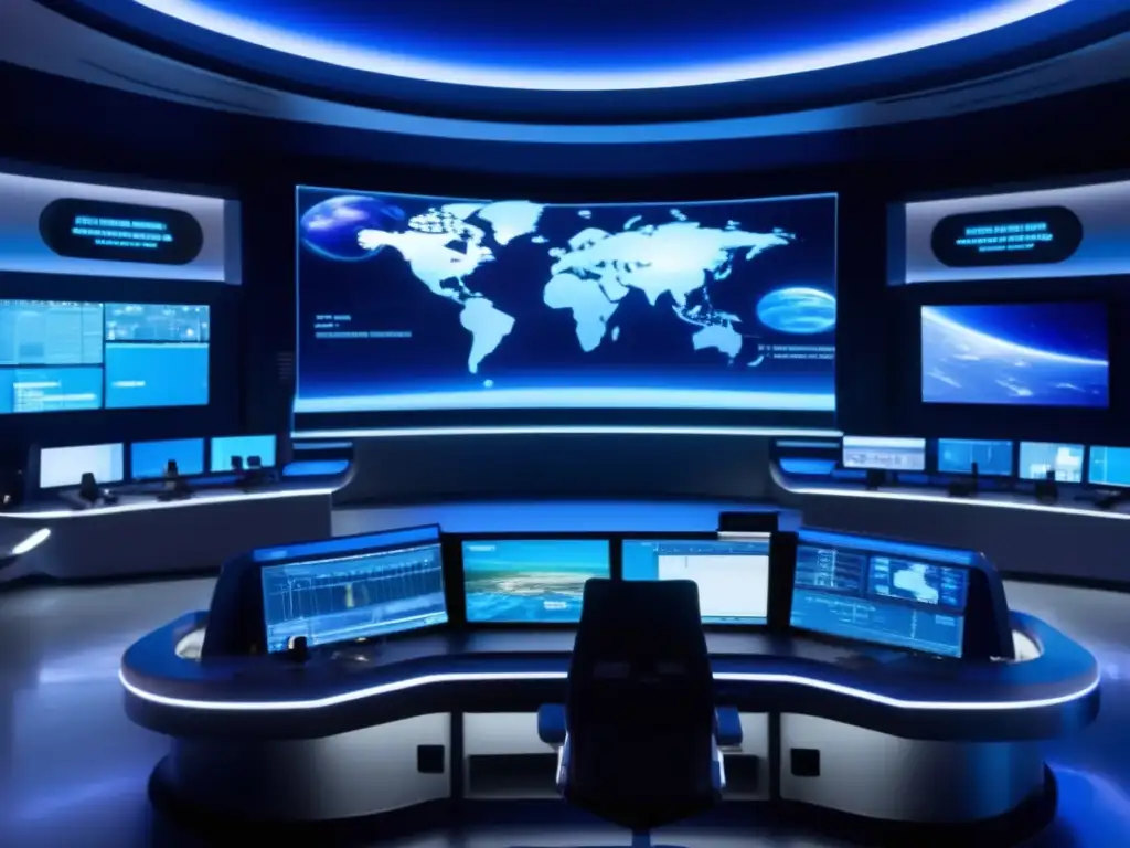 Sala de control futurista de preparación de amenazas de asteroides con simulaciones