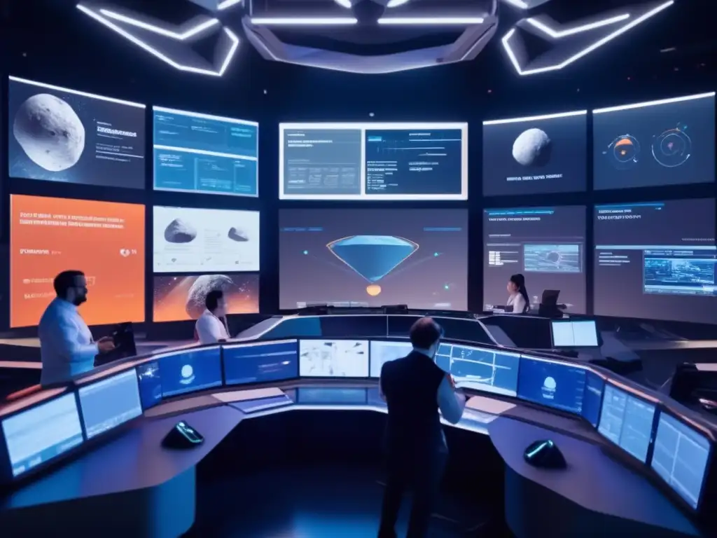 Sala de control futurista: simulaciones de impacto de asteroide, preparativos y planes de contingencia