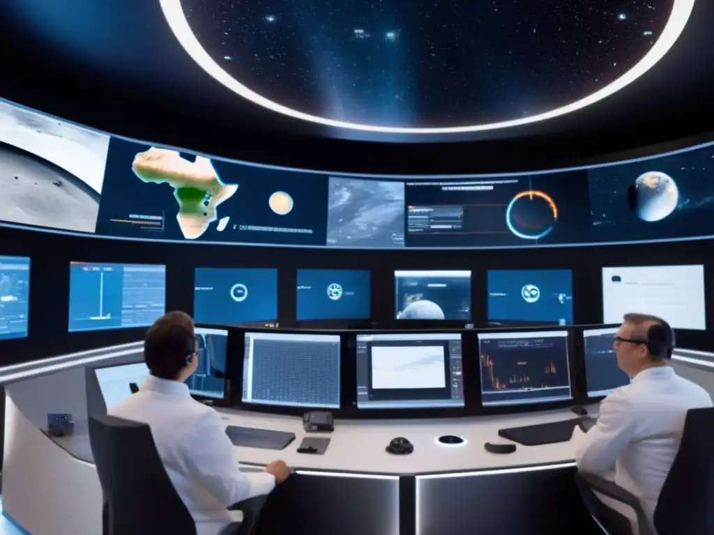 Sala de control para monitoreo global de asteroides - Tecnología avanzada, científicos analizan datos y estrategias