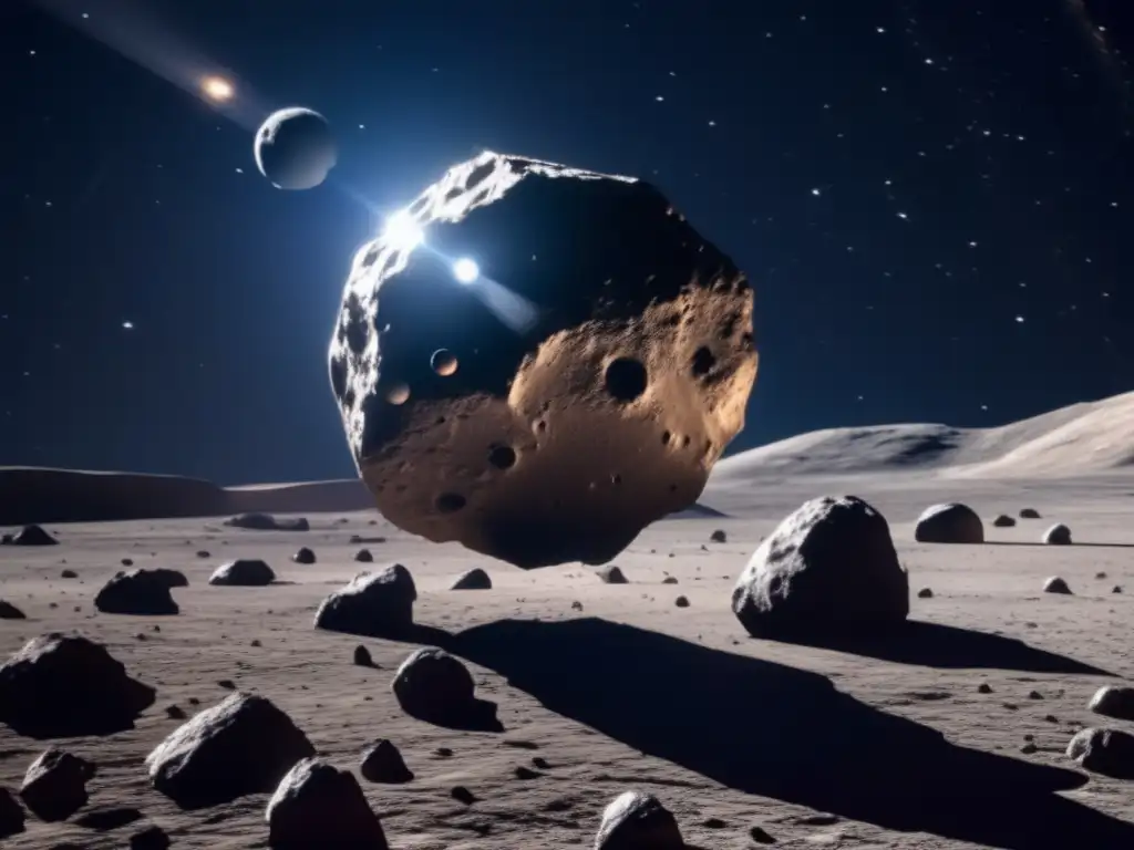 Exploración satelital de asteroides en el espacio: imagen impactante de un satélite orbitando un enorme asteroide