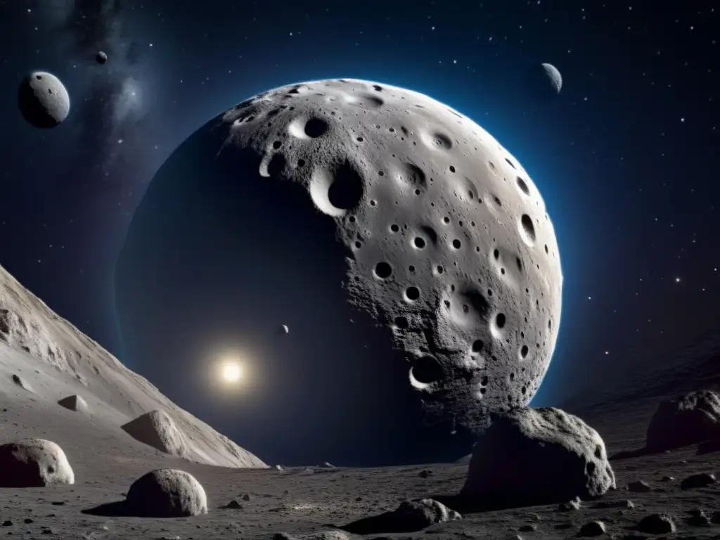 Descubriendo secretos del asteroide Ceres: imagen detallada de su superficie, cráteres, luz y sombras, y una nave espacial para escala