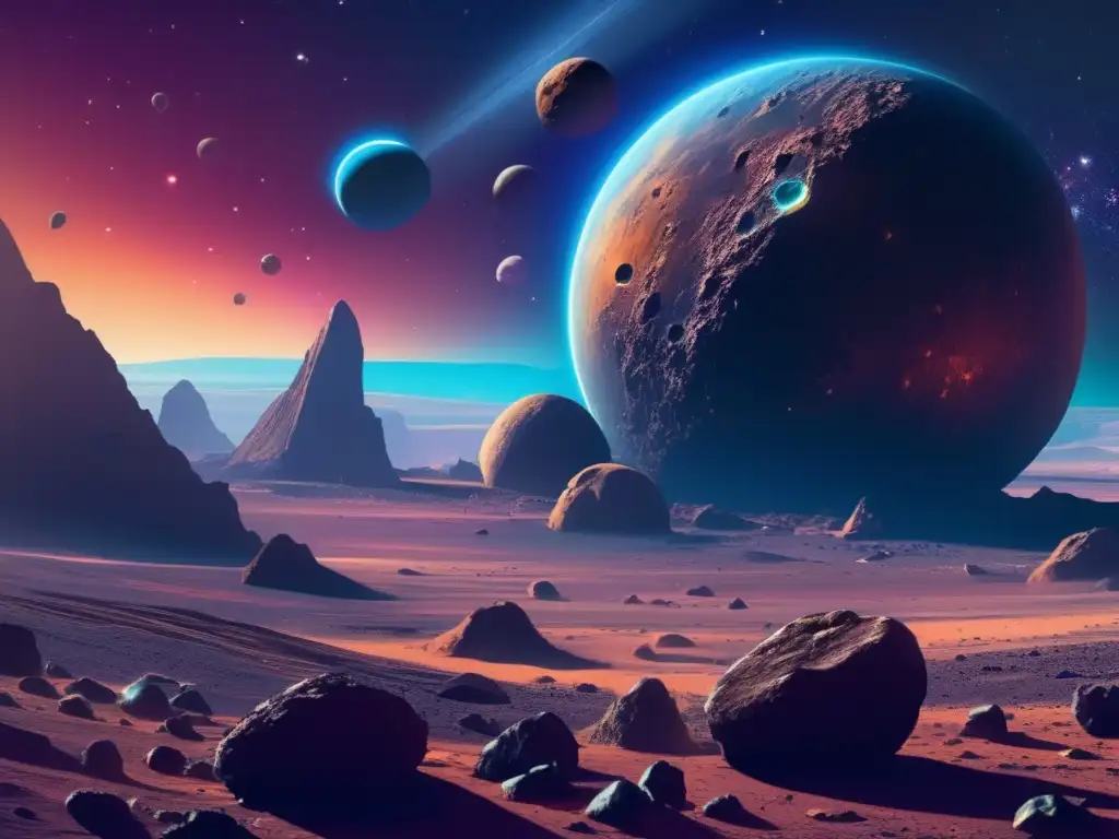 Explorando los secretos de los asteroides: una imagen cósmica impresionante con colores vibrantes, detalles intrincados y planetas distantes
