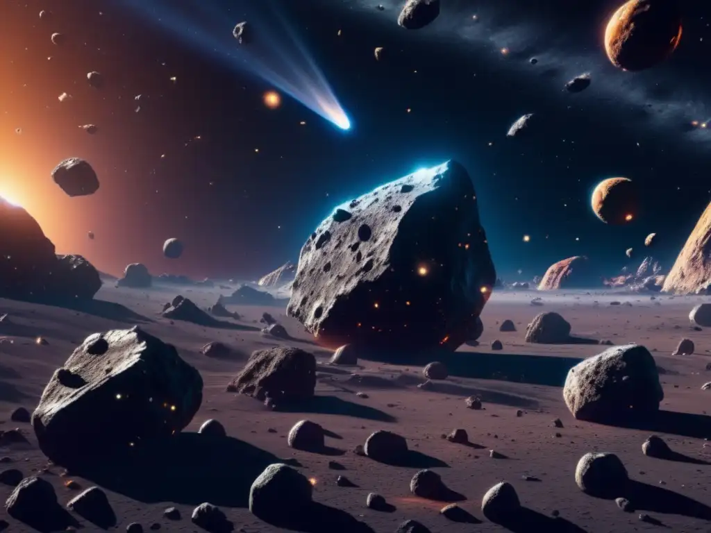 Explorando los secretos de los asteroides: imagen 8k ultradetallada de un campo de asteroides con diversos tamaños y formas flotando en el espacio