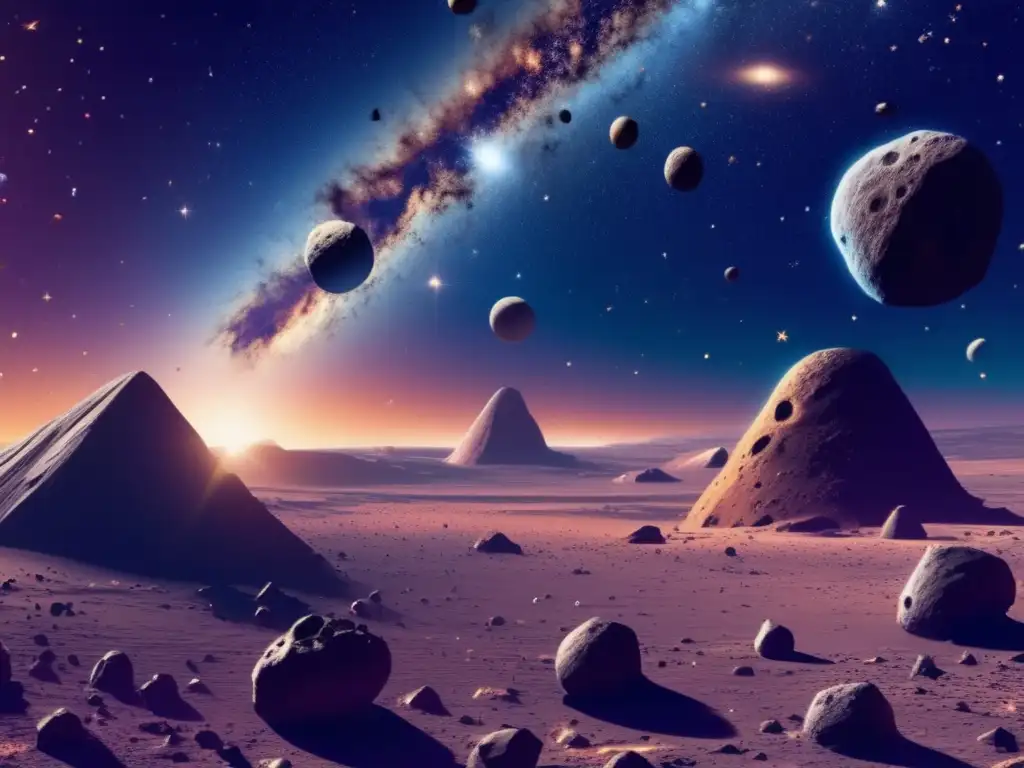 Secretos historia cósmica asteroides: Imagen detallada de asteroides flotando en el espacio, con una nave espacial minera y recursos extraídos