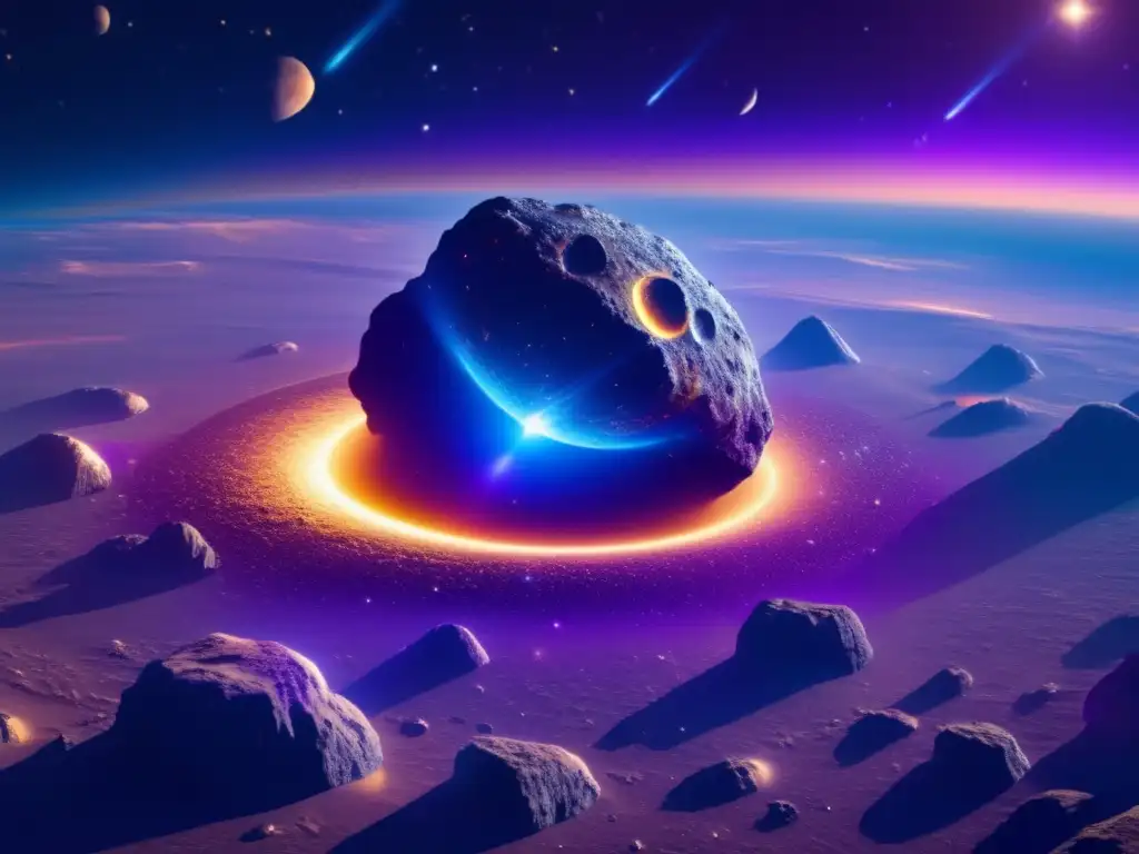 Secretos minerales de los asteroides: imagen 8k de un asteroide Tipo S flotando en el espacio, con colores vibrantes y formaciones geológicas