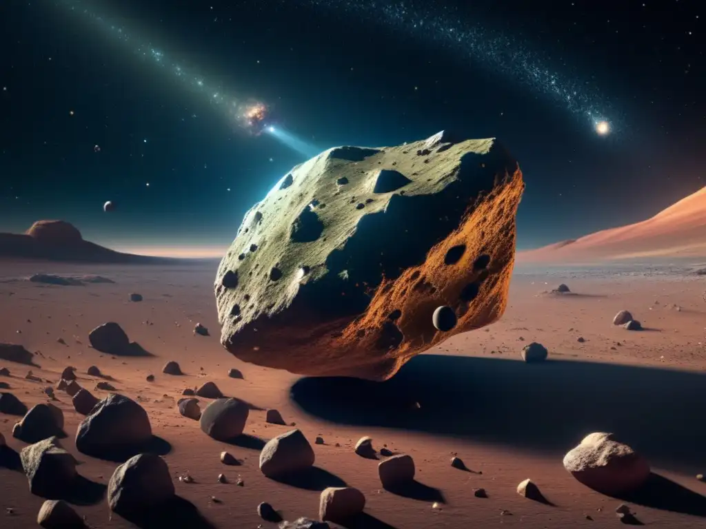 Secretos minerales de los asteroides: una impresionante imagen en 8k que muestra un asteroide Tipo S flotando en el espacio, revelando una rica composición de minerales y elementos