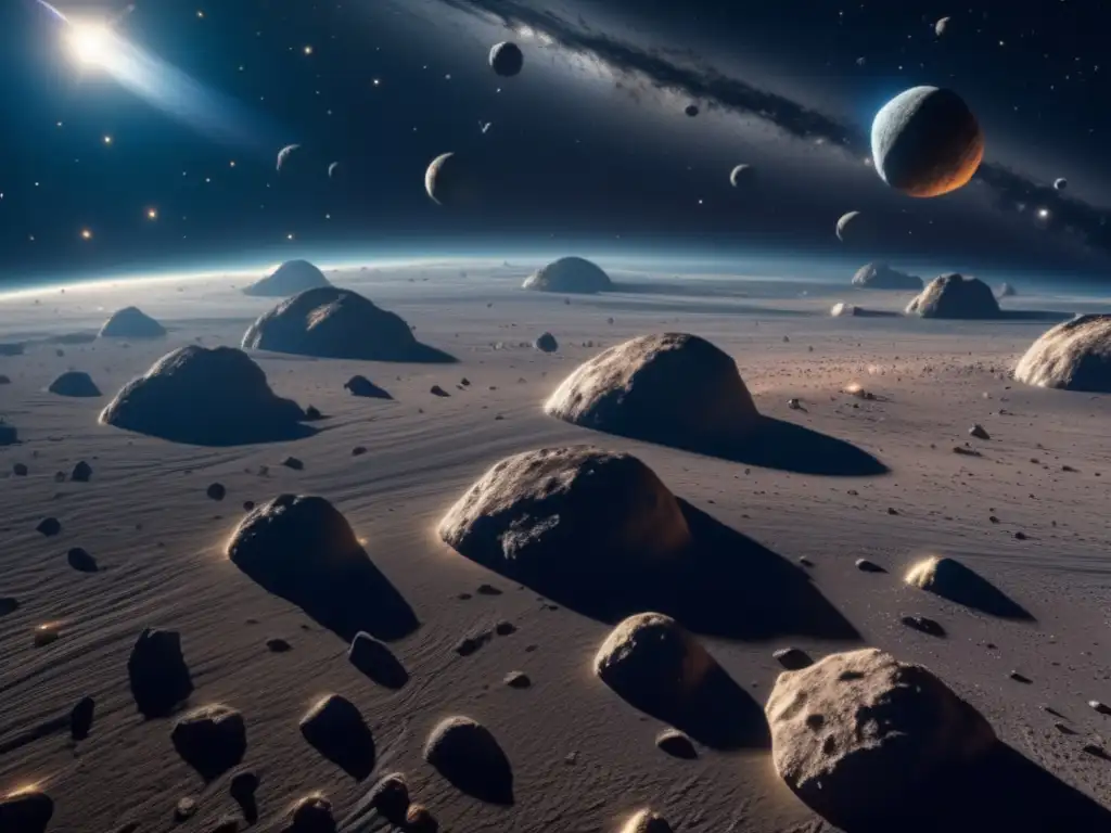 Secretos minerales de los asteroides: Majestuoso cinturón de asteroides en el espacio, con variedad de tamaño, forma y composición