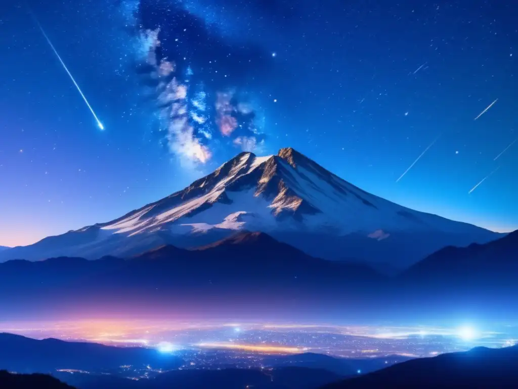 Los secretos revelados por los meteoritos - Espectáculo celestial en una detallada imagen 8k del cielo nocturno con montañas y una lluvia de estrellas