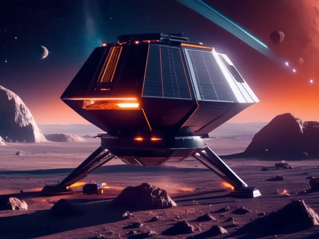 Gestión de seguridad en minería: Operación minera futurista en el espacio mostrando una nave espacial avanzada y un asteroide gigantesco