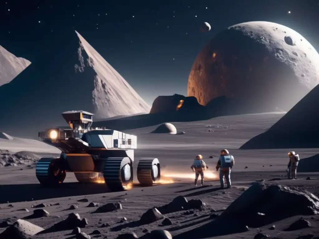 Gestión de seguridad en minería: Futurista operación minera en asteroide, con equipo de alta tecnología y astronautas supervisando