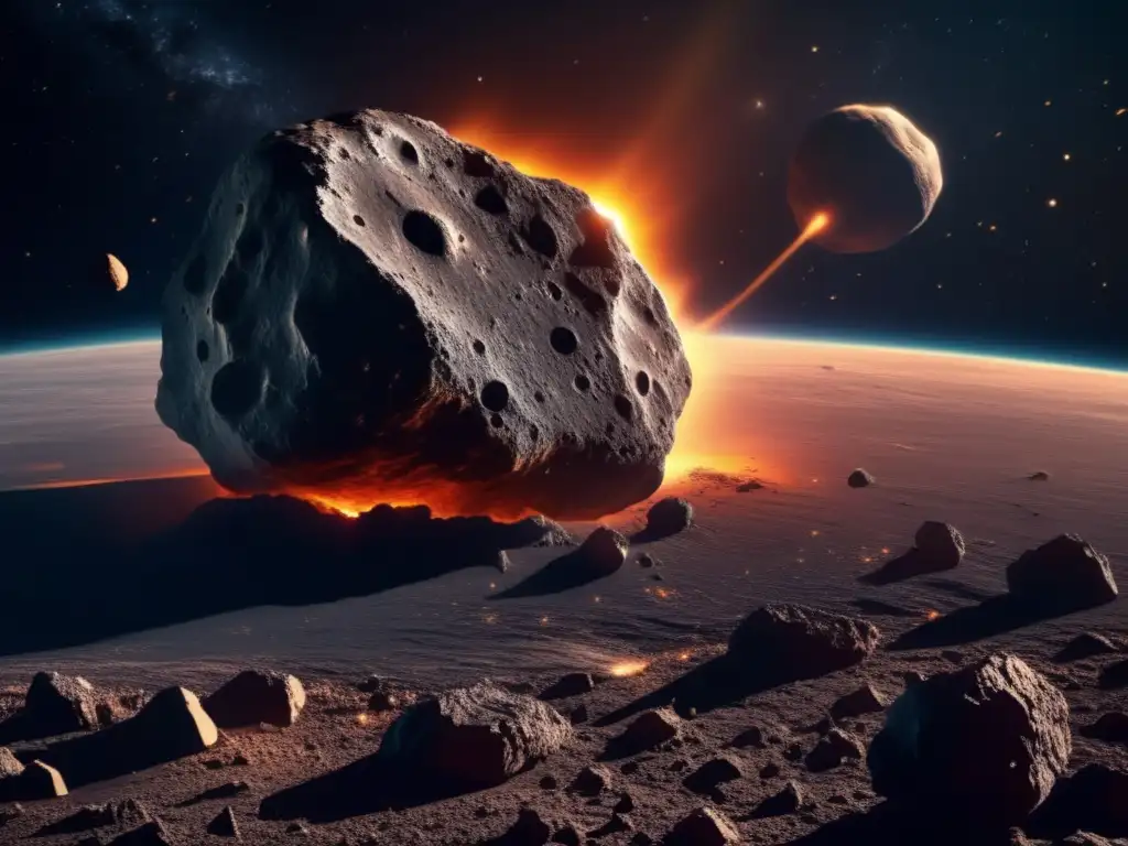 Sensibilización sobre asteroides: imagen impactante de un asteroide masivo en el espacio, con textura rugosa y bordes irregulares, bañado por el resplandor de estrellas distantes
