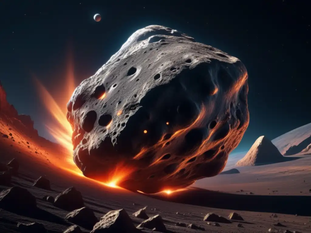Sensores de gravedad para asteroides: Imagen detallada en 8K de un asteroide masivo y amenazador acercándose a la Tierra en el espacio oscuro
