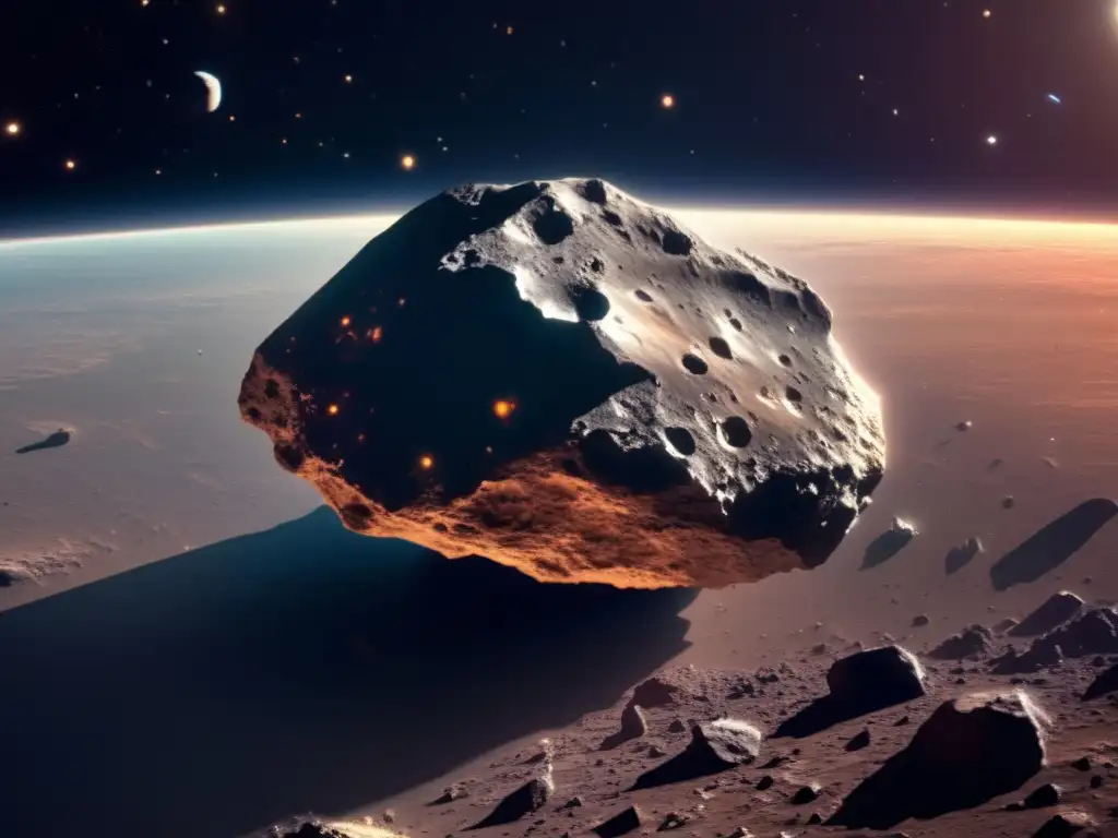 Sensores térmicos asteroides exploración: Imagen impactante de un asteroide en el espacio, con detalles de su superficie rocosa y colores variados